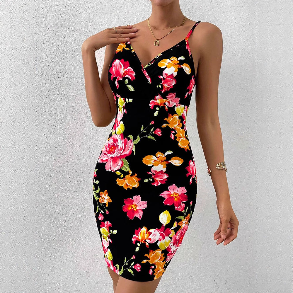 Floral Bodycon Dress with V-Neck and Spaghetti Straps