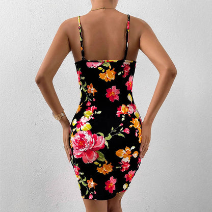 Floral Bodycon Dress with V-Neck and Spaghetti Straps