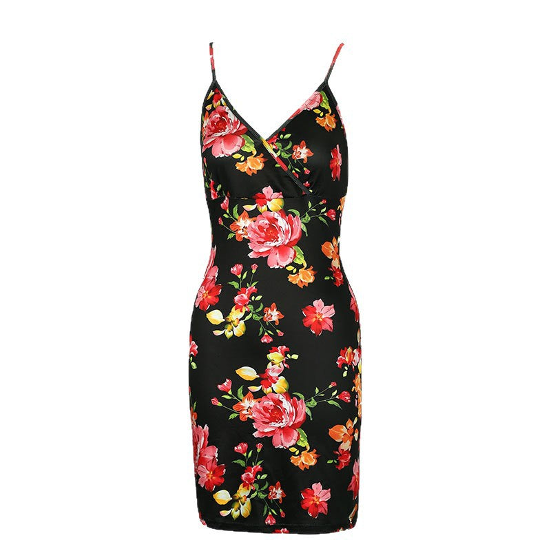 Floral Bodycon Dress with V-Neck and Spaghetti Straps