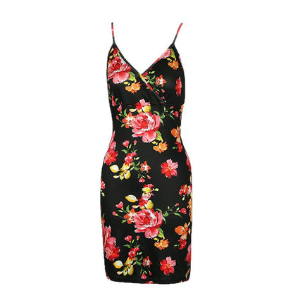 Floral Bodycon Dress with V-Neck and Spaghetti Straps