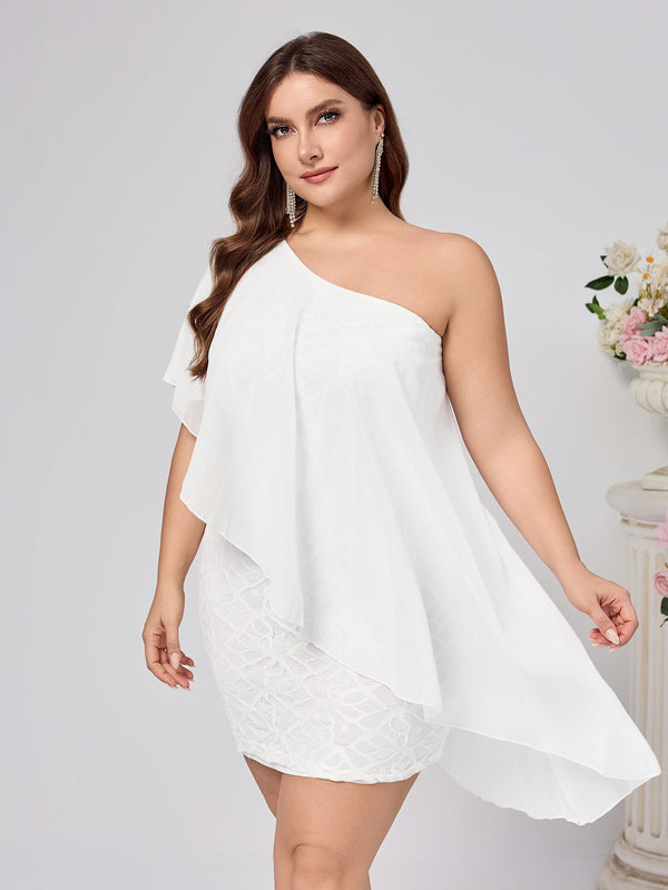 Bodycon Mini Dress with One-Shoulder Draped Top and Lace Skirt
