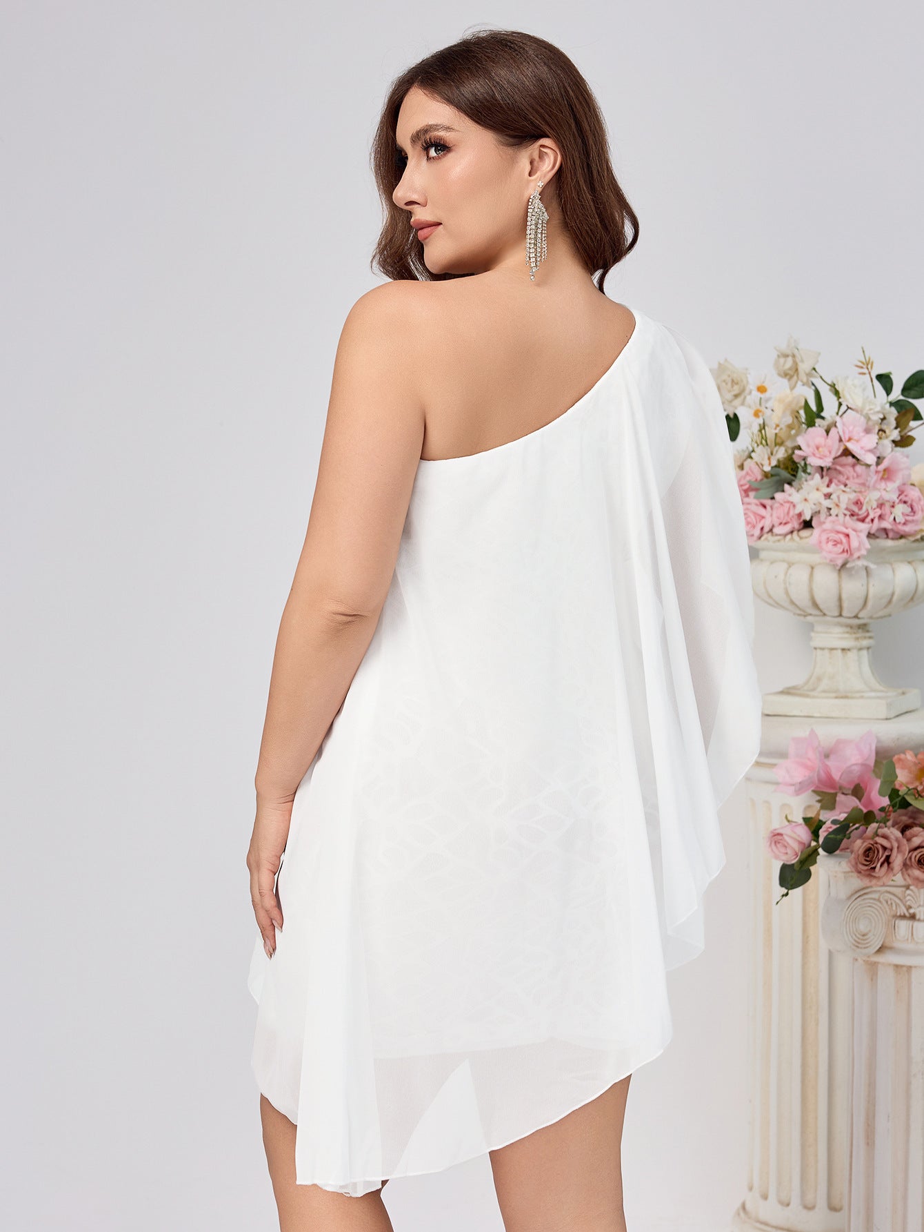 Bodycon Mini Dress with One-Shoulder Draped Top and Lace Skirt