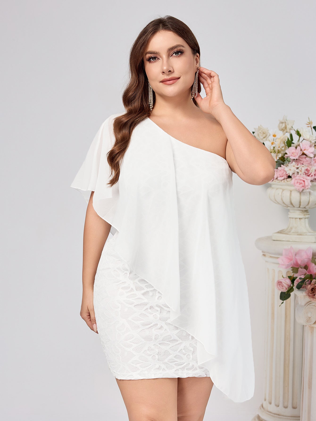 Bodycon Mini Dress with One-Shoulder Draped Top and Lace Skirt