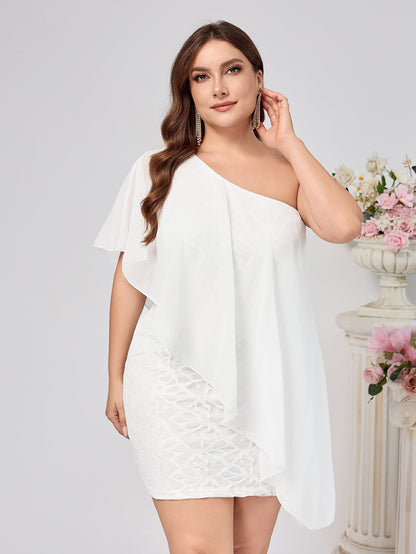 Bodycon Mini Dress with One-Shoulder Draped Top and Lace Skirt