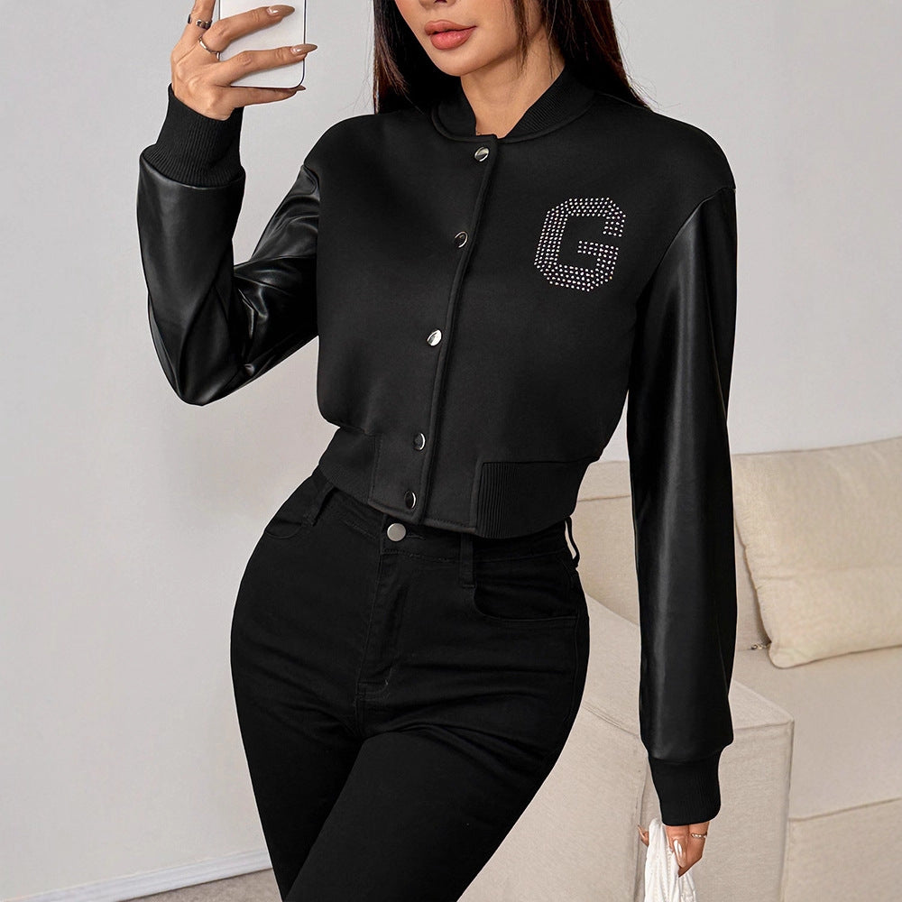 Cropped Varsity Jacket with Rhinestone Letter and Faux Leather Sleeves