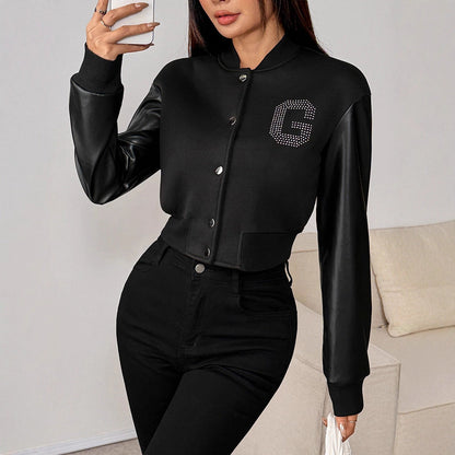 Cropped Varsity Jacket with Rhinestone Letter and Faux Leather Sleeves