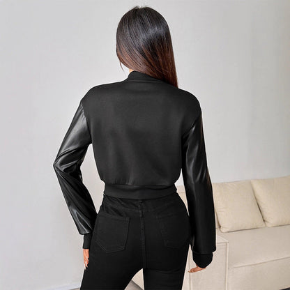 Cropped Varsity Jacket with Rhinestone Letter and Faux Leather Sleeves