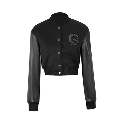 Cropped Varsity Jacket with Rhinestone Letter and Faux Leather Sleeves