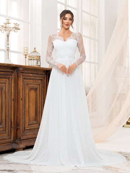 A-Line Wedding Dress with Lace Bodice and Long Sleeves