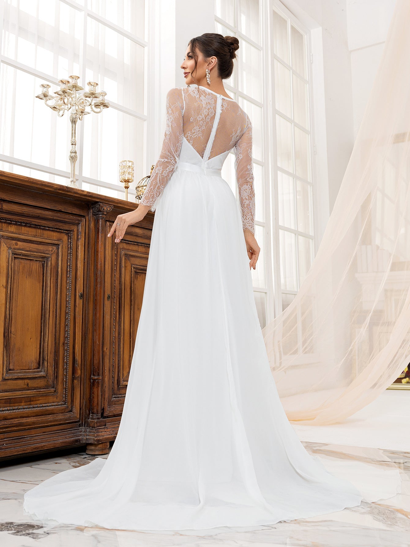 A-Line Wedding Dress with Lace Bodice and Long Sleeves