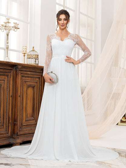 A-Line Wedding Dress with Lace Bodice and Long Sleeves