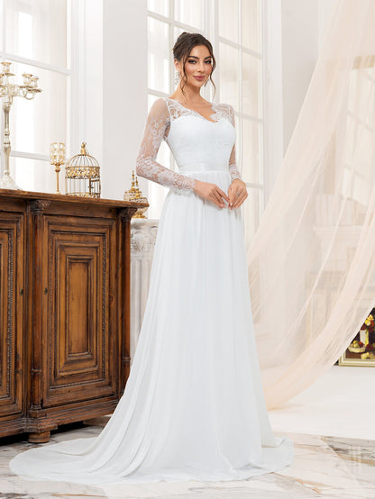 A-Line Wedding Dress with Lace Bodice and Long Sleeves