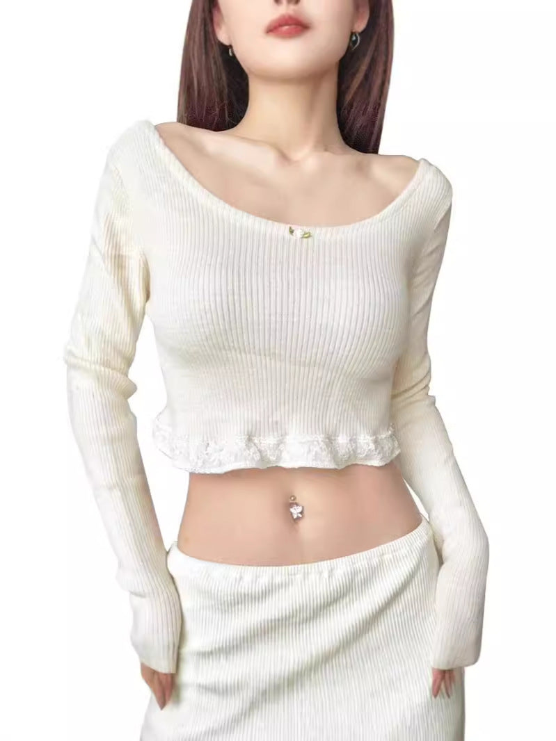 Ribbed Long Sleeve Crop Top with Scoop Neck and Lace Trim