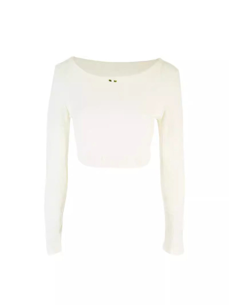 Ribbed Long Sleeve Crop Top with Scoop Neck and Lace Trim
