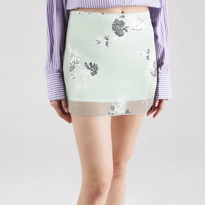 A-Line Mini Skirt with Chinoiserie Embroidery and Sheer Hem