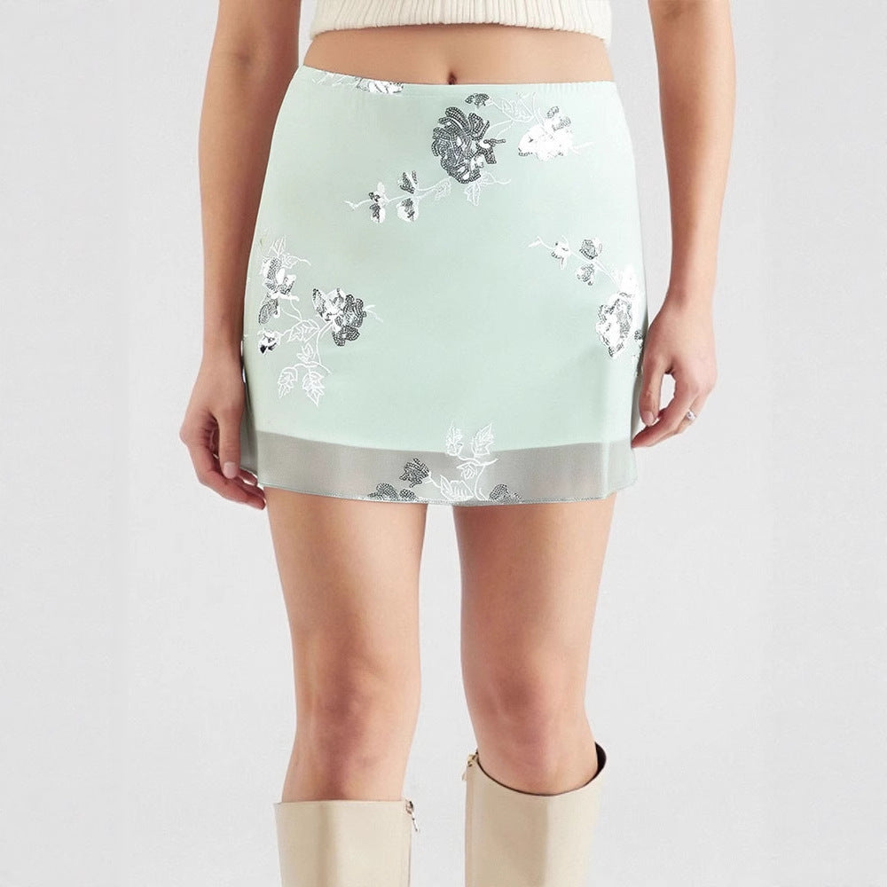 A-Line Mini Skirt with Chinoiserie Embroidery and Sheer Hem