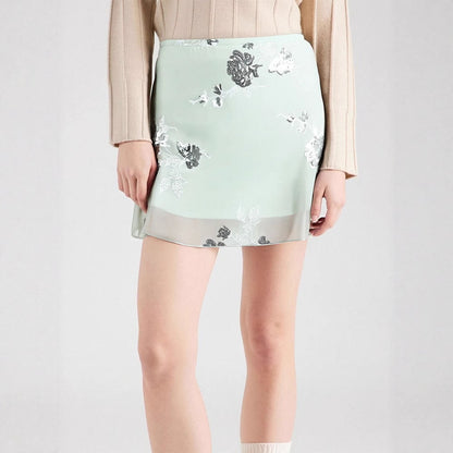 A-Line Mini Skirt with Chinoiserie Embroidery and Sheer Hem