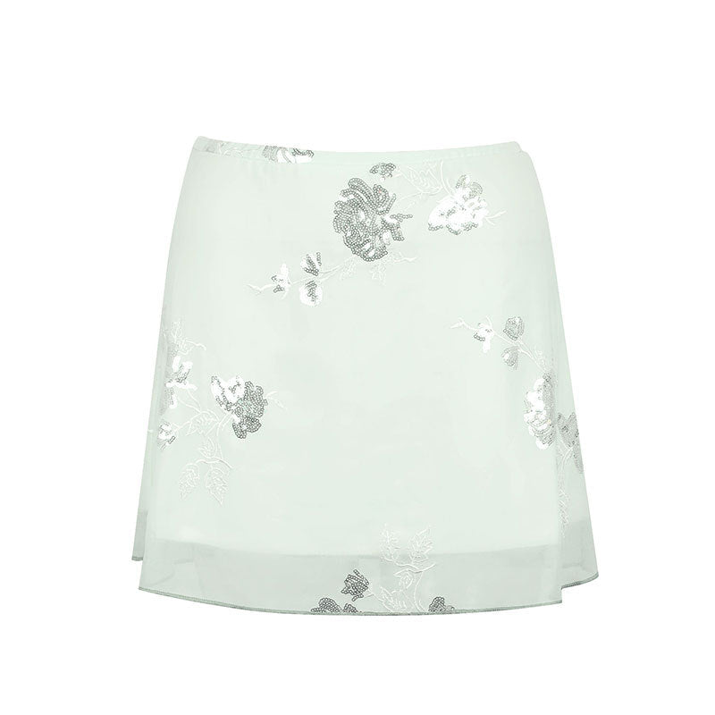 A-Line Mini Skirt with Chinoiserie Embroidery and Sheer Hem