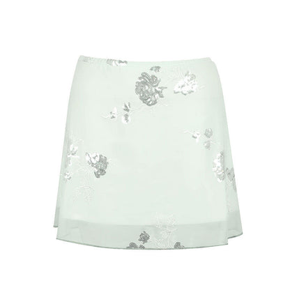 A-Line Mini Skirt with Chinoiserie Embroidery and Sheer Hem