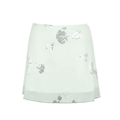 A-Line Mini Skirt with Chinoiserie Embroidery and Sheer Hem