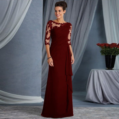 Maxi Dress with Lace Illusion Neckline and 3/4 Sleeves