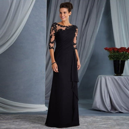 Maxi Dress with Lace Illusion Neckline and 3/4 Sleeves