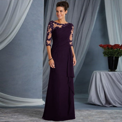 Maxi Dress with Lace Illusion Neckline and 3/4 Sleeves
