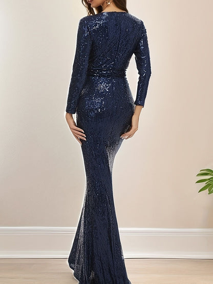 Sequined Mermaid Gown with Deep V-Neck and Long Sleeves
