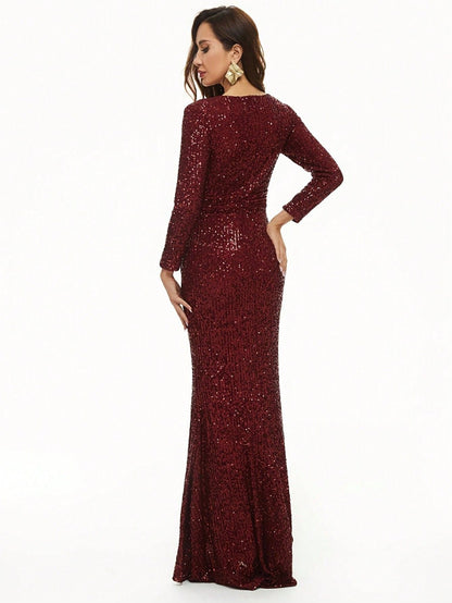 Sequined Mermaid Gown with Deep V-Neck and Long Sleeves