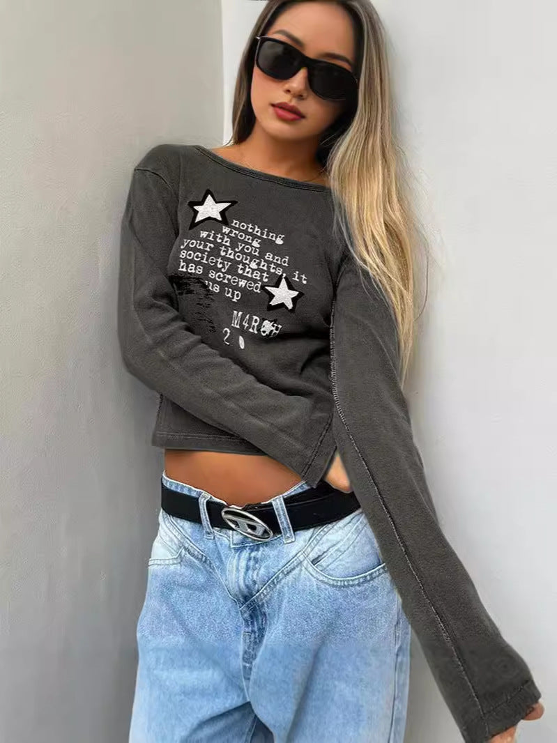 Distressed Cropped Long-Sleeved Top with Graphic Print