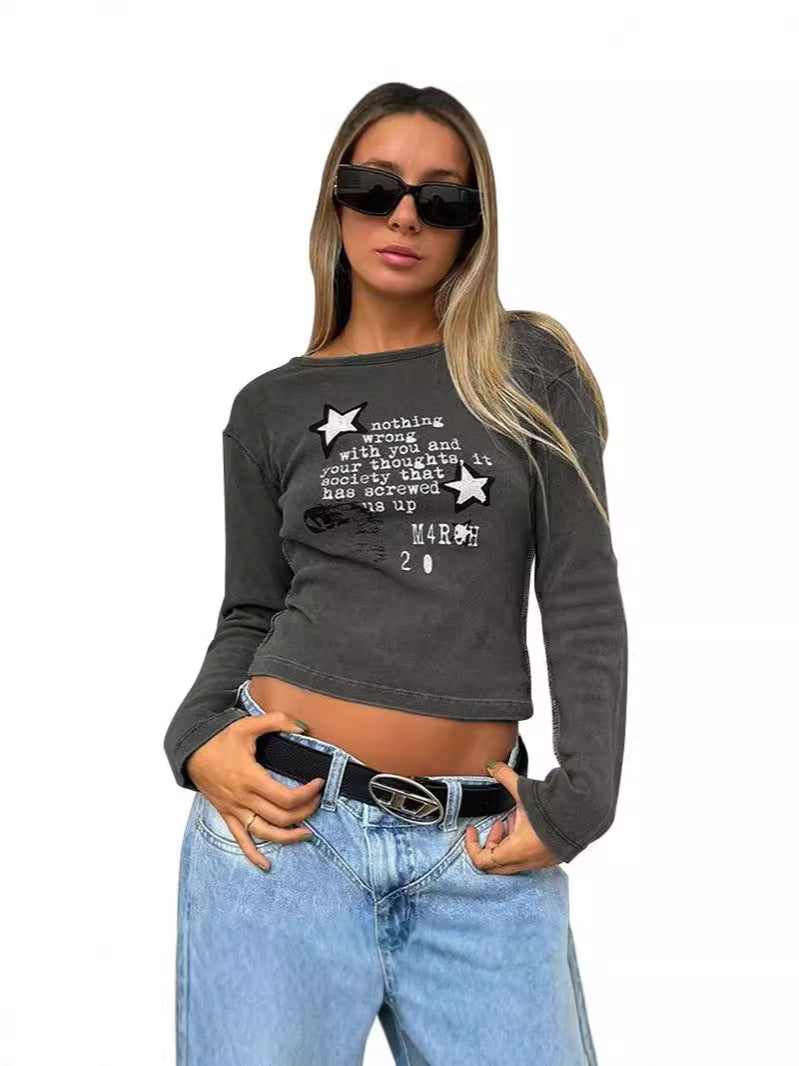 Distressed Cropped Long-Sleeved Top with Graphic Print