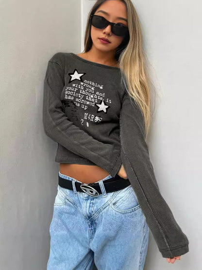 Distressed Cropped Long-Sleeved Top with Graphic Print