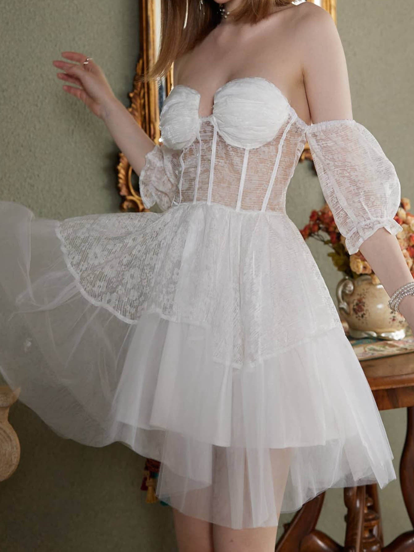 Off-Shoulder Mini Dress with Boned Corset Top and Tiered Tulle Skirt