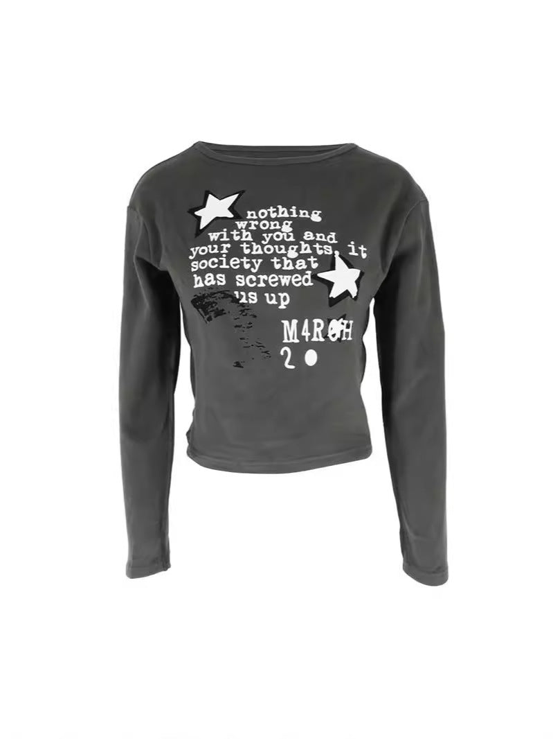 Distressed Cropped Long-Sleeved Top with Graphic Print