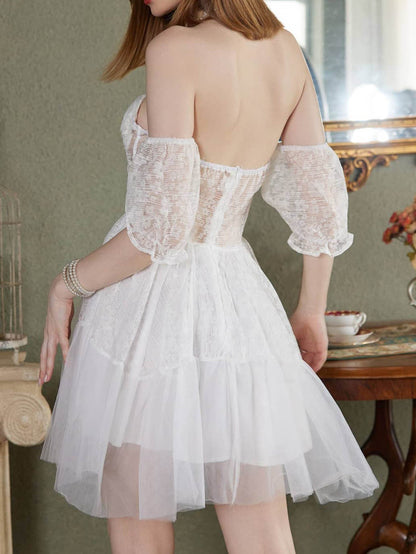 Off-Shoulder Mini Dress with Boned Corset Top and Tiered Tulle Skirt