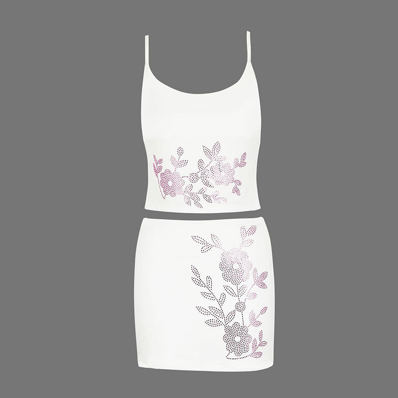 Rhinestone Floral Camisole and Mini Skirt Set