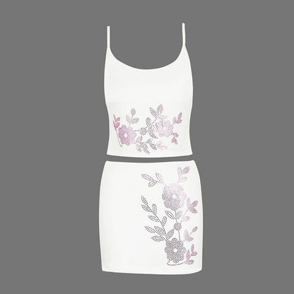 Rhinestone Floral Camisole and Mini Skirt Set