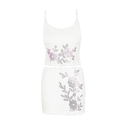 Rhinestone Floral Camisole and Mini Skirt Set
