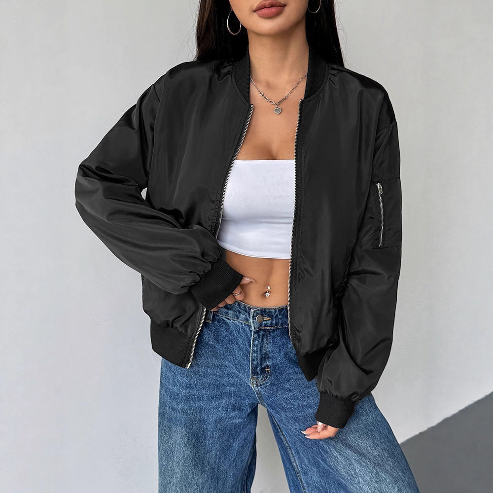 Solid Bomber Jacket with Zipper Front and Ribbed Trim