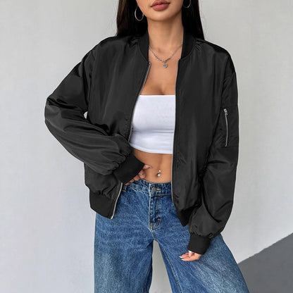 Solid Bomber Jacket with Zipper Front and Ribbed Trim