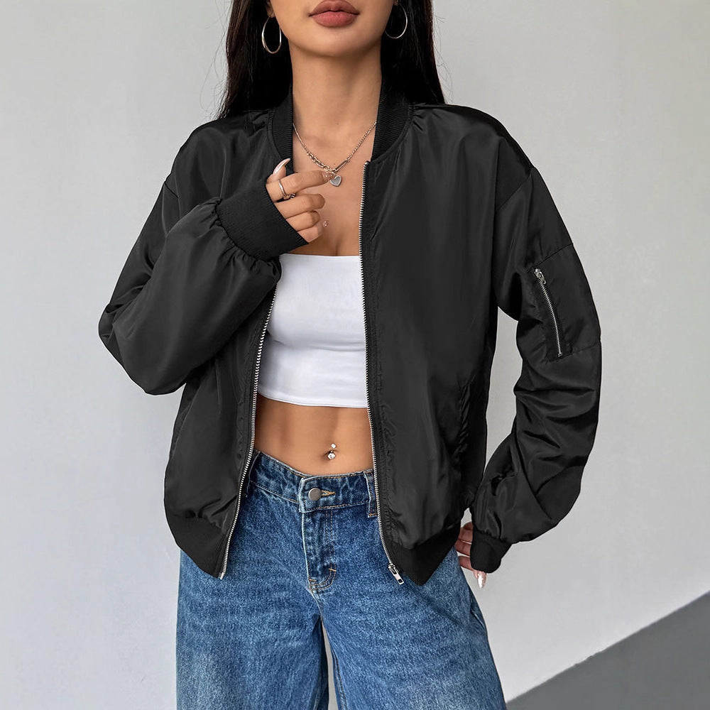 Solid Bomber Jacket with Zipper Front and Ribbed Trim