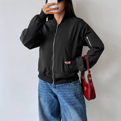 Solid Bomber Jacket with Zipper Front and Ribbed Trim