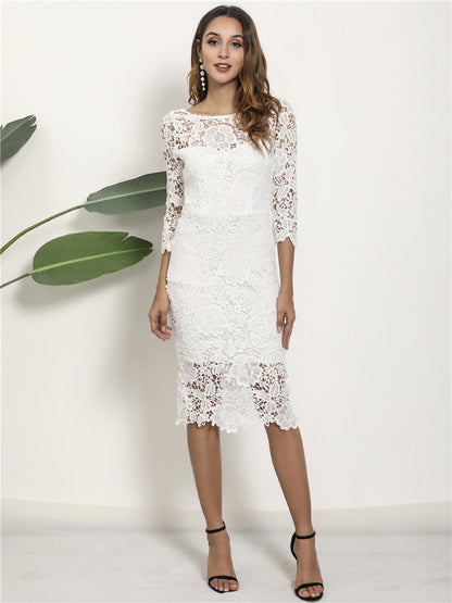 Lace Bodycon Midi Dress with Three-Quarter Sleeves