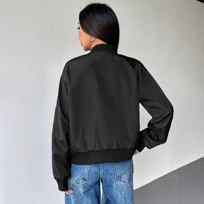 Solid Bomber Jacket with Zipper Front and Ribbed Trim