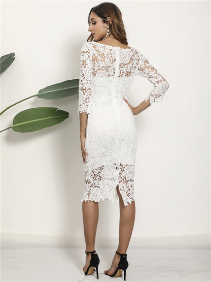 Lace Bodycon Midi Dress with Three-Quarter Sleeves