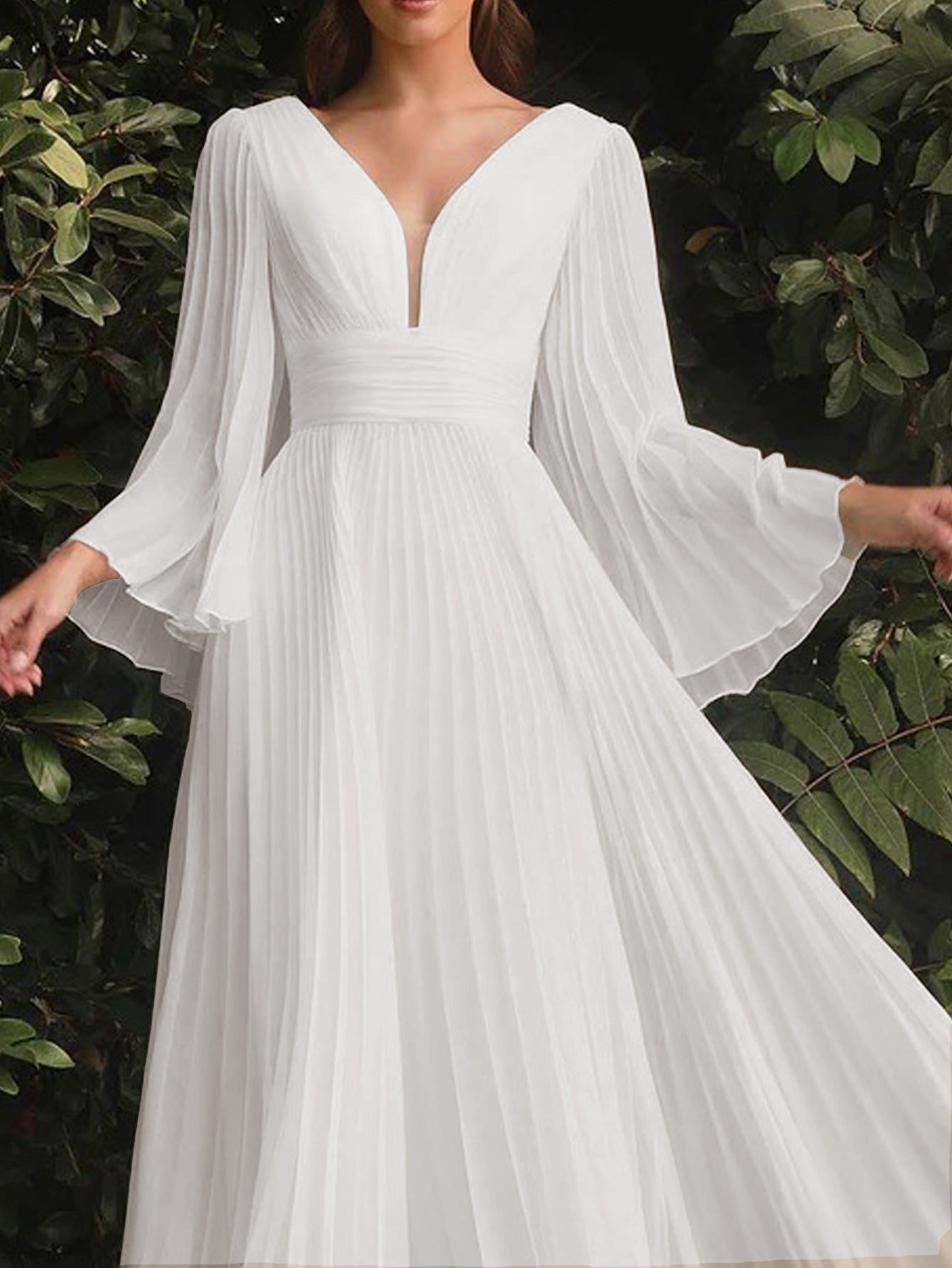Pleated A-Line Maxi Dress with Deep V-Neck