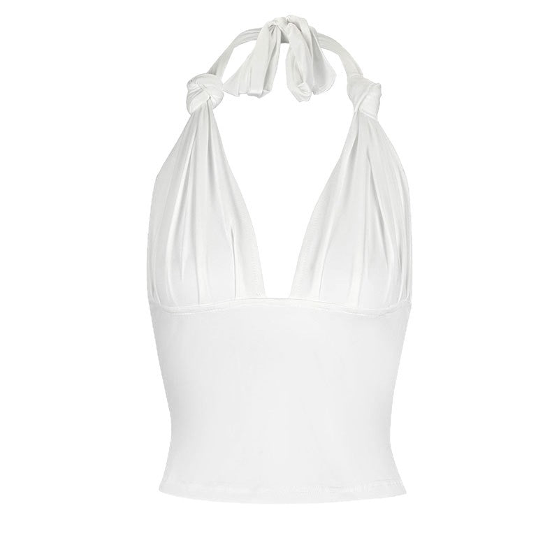Cropped Halter Top with Deep V-Neck and Ruched Front