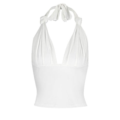 Cropped Halter Top with Deep V-Neck and Ruched Front