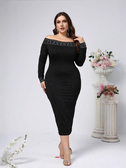 Bodycon Midi Dress with Off-Shoulder and Rhinestone Detail