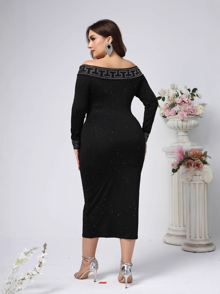 Bodycon Midi Dress with Off-Shoulder and Rhinestone Detail